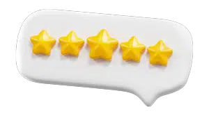 Five gold stars inside a speech bubble icon representing a customer review